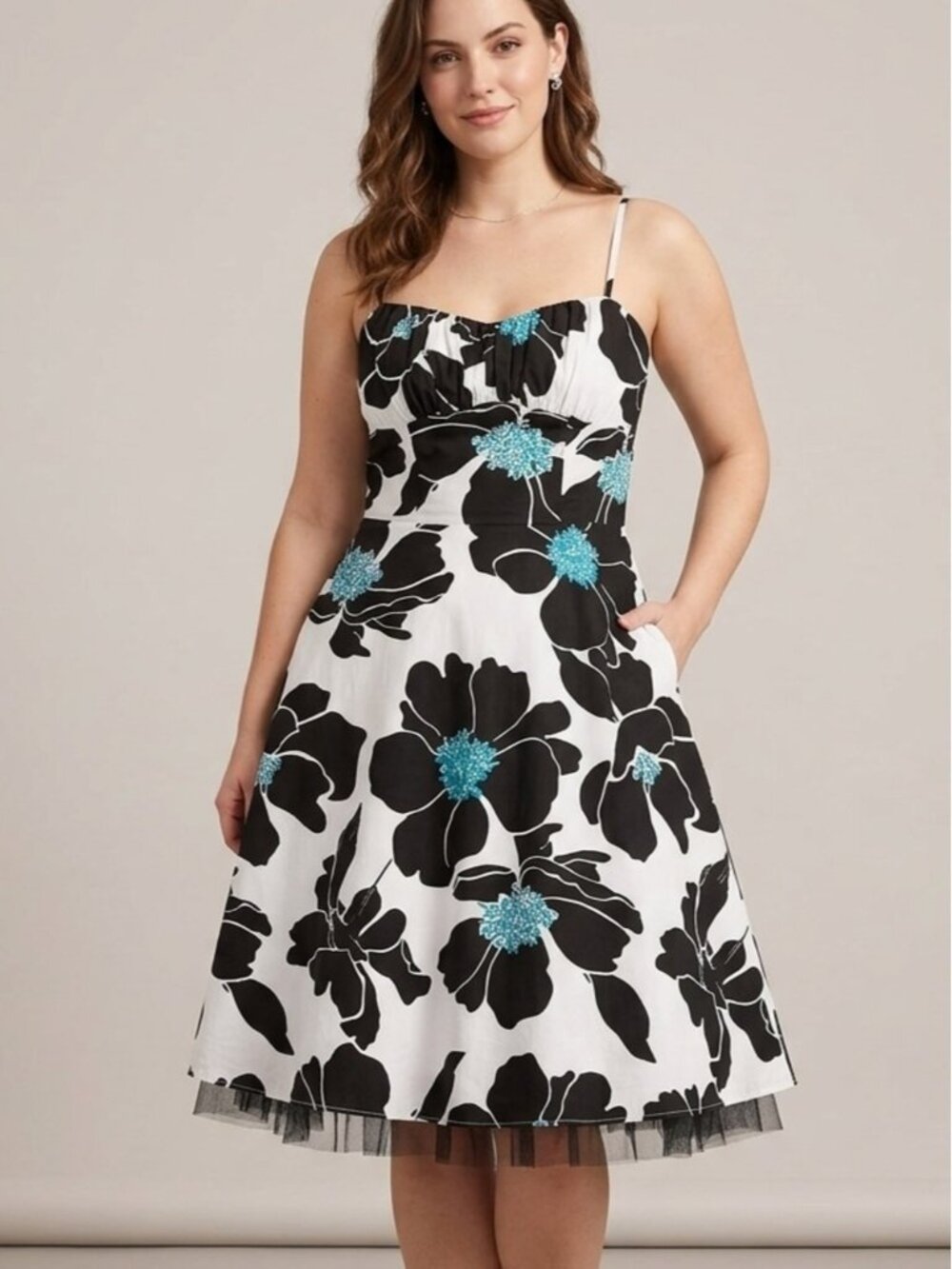 Laura Retro Floral Swing Dress Black White Blue Tulle Trim Midi Sundress